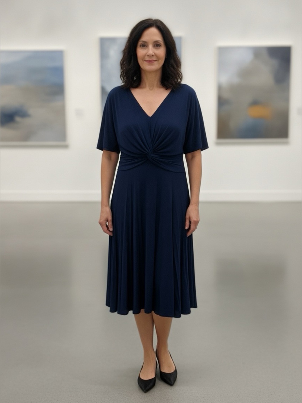 Three Dots EM595 Flutter Sleeve V-Neck Midi Dress Navy Blue Medium Twist Frontl